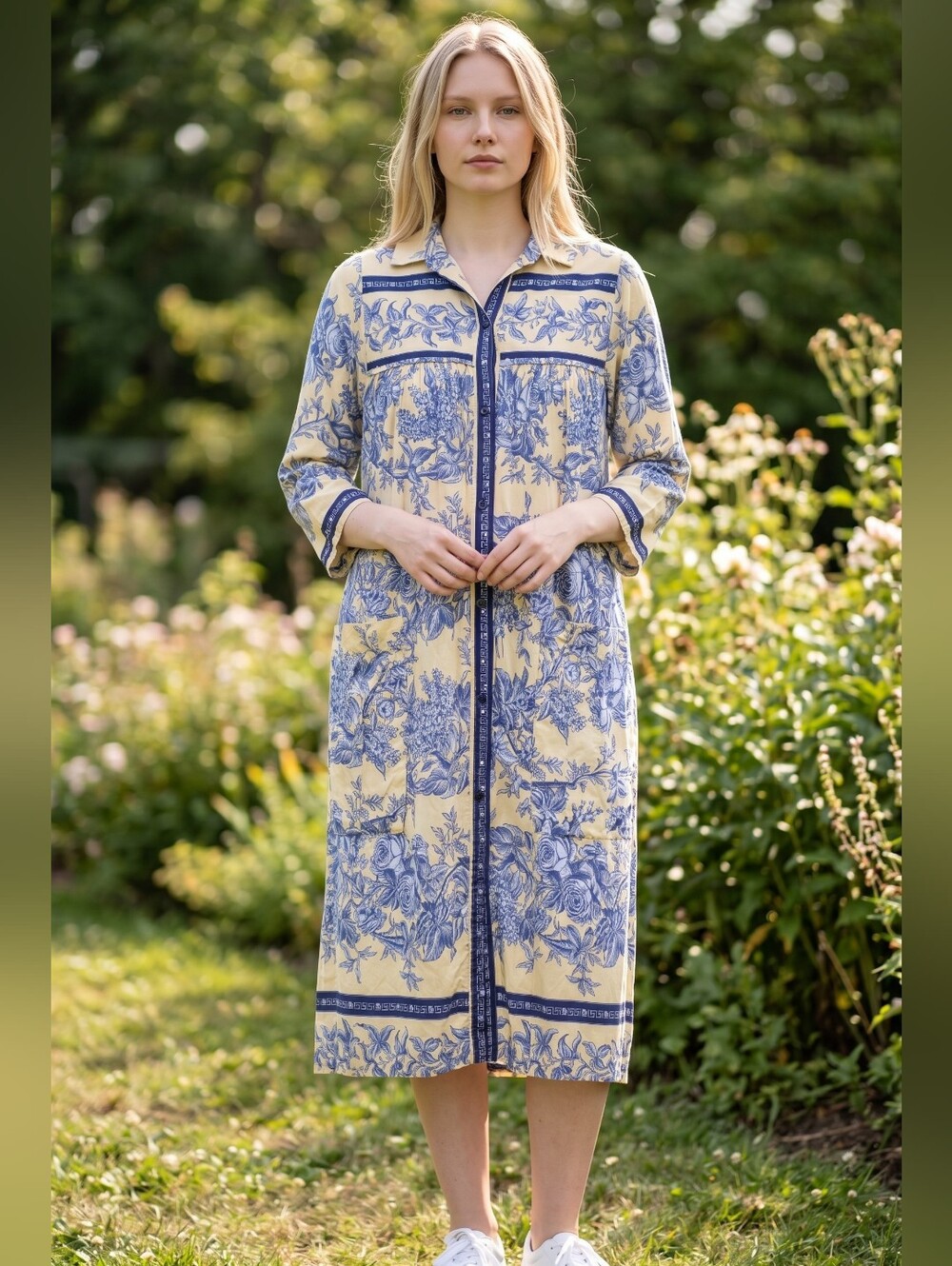 Vintage Models Coat Yellow Blue Floral Toile Button Front Duster Shirt Dress